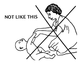 Do not pull the child up if her head hangs back.