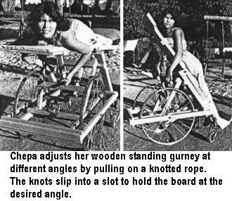 Chepa adjusts her wooden standing gurney at different angles by pulling on a knotted rope. The knots slip into a slot to hold the board at the desired angle.