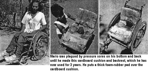 Mario was plagued by pressure sores on his bottom and back until he made this cardboard cushion and backrest, which he has now used for 3 years. He puts a thick foam-rubber pad over the cardboard cushion.