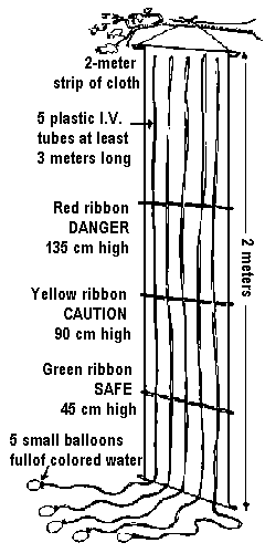 2 meter strip of cloth, 5 plastic I.V. tubes at least 3 meters long, 3 horizontal ribbons, and 5 small balloons full of colored water.