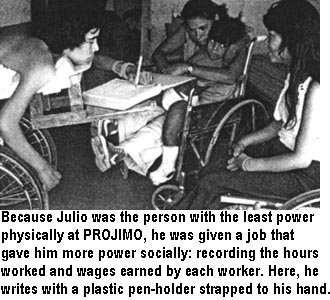 Because Julio was the person with the least power physically at PROJIMO, he was given a job that gave him more power socially: recording the hours worked and wages earned by each worker. Here, he writes with a plastic pen-holder strapped to his hand.