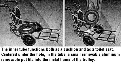 The inner tube functions both as a cushion and as a toilet seat. Centered under the hole, in the tube, a small removable aluminum removable pot fits into the metal frame of the trolley.