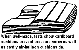 When well-made, tests show cardboard cushions prevent pressure sores as well as costly air-balloon cushions do.