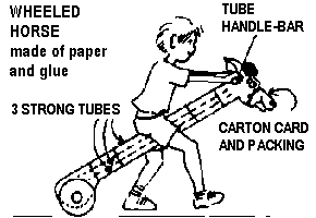 Wheeled horse made of paper and glue.